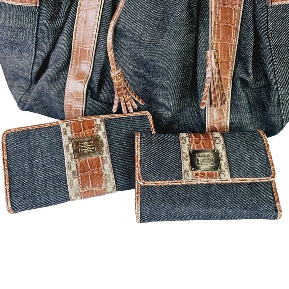 Vintage Y2K Liz Claiborne Denim Vegan Leather Hobo Bag & 2 Matching Wallets - Picture 2 of 12